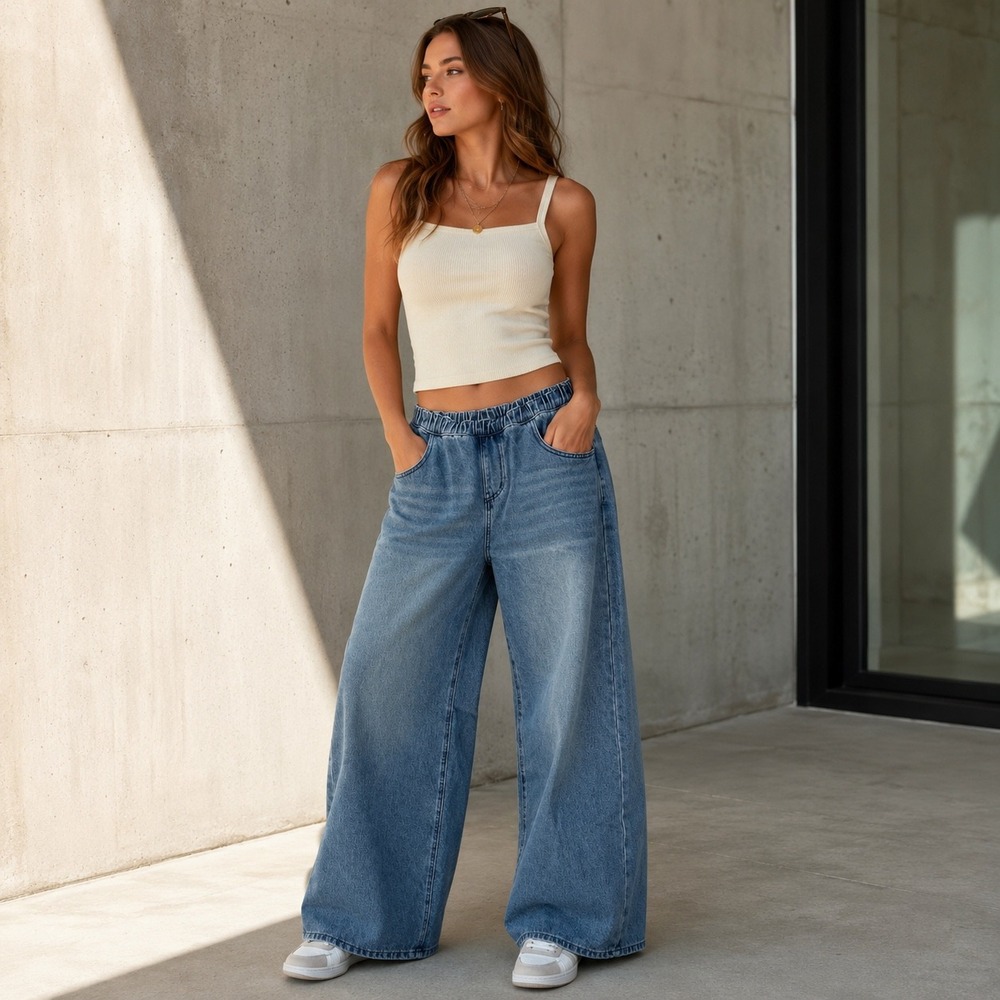 Emmiol Womens Wide Leg Baggy Jeans Medium Wash Elastic Waist Pull On Large
